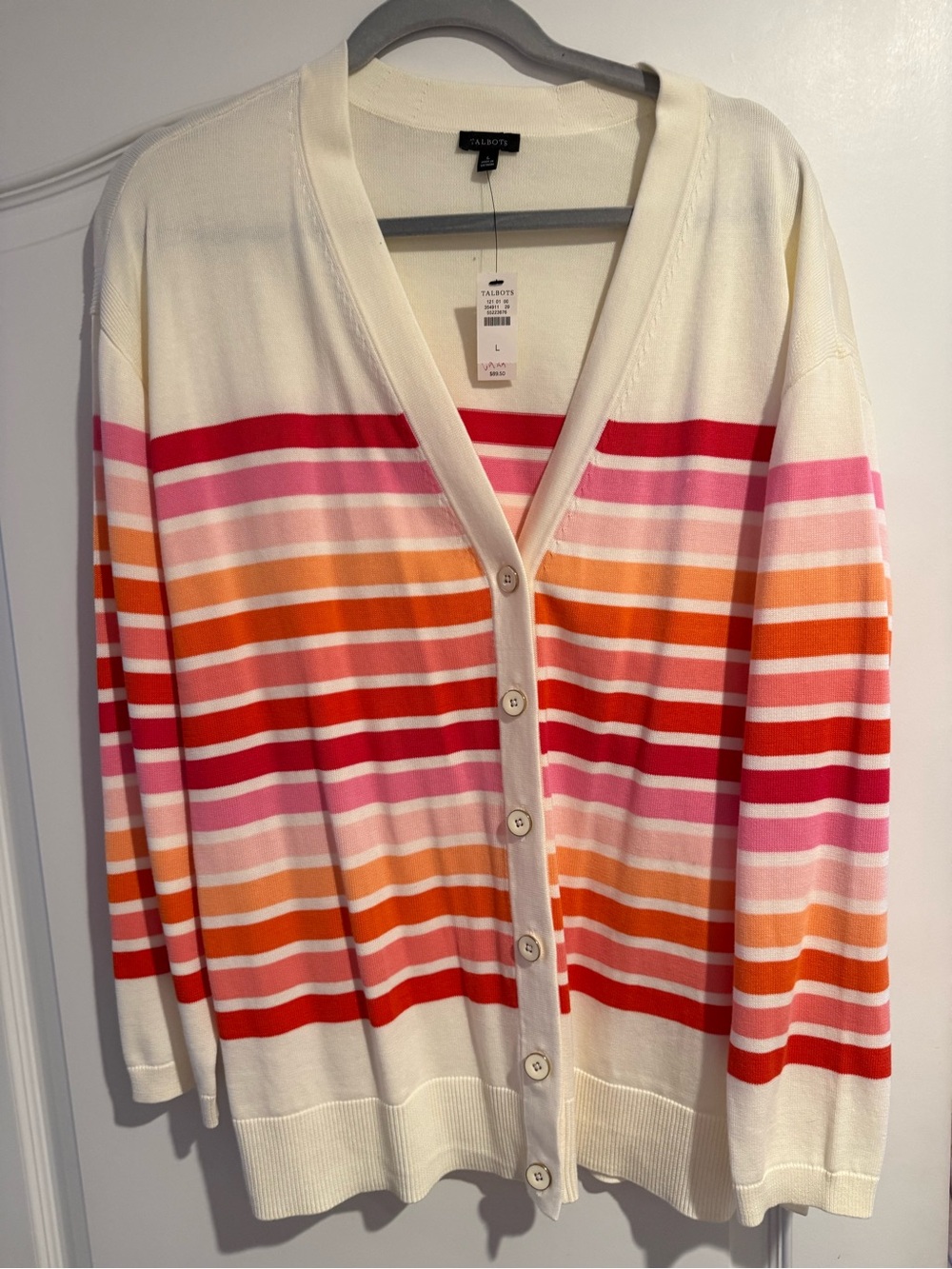 Talbots Girlfriend Cardigan Pink Orange Multi-Stripe.  Size large NWT